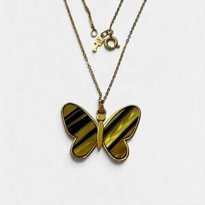 Vintage Trifari Butterfly Pendant Necklace Resin Faux Tigers Eye Goldtone Earthy